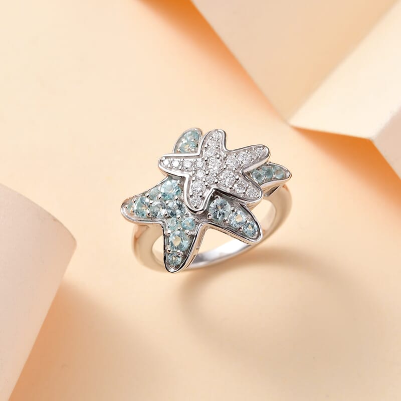 Madagascar Lagoon Apatite and Moissanite 1.00 ctw Star Fish Ring in Rhodium Over Sterling Silver (Size 10.0)