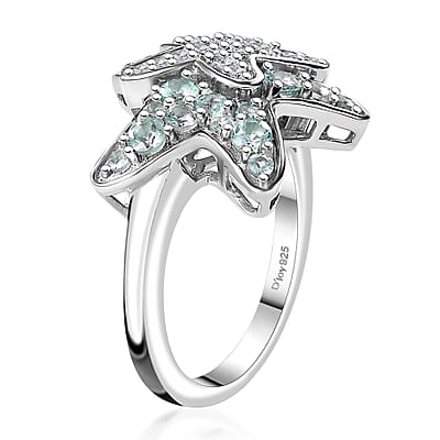 Madagascar Lagoon Apatite and Moissanite 1.00 ctw Star Fish Ring in Rhodium Over Sterling Silver (Size 10.0)
