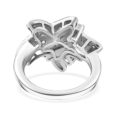 Madagascar Lagoon Apatite and Moissanite 1.00 ctw Star Fish Ring in Rhodium Over Sterling Silver (Size 10.0)