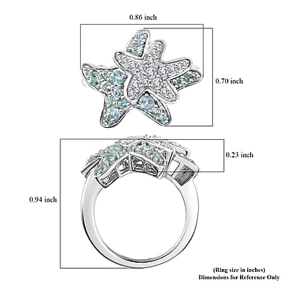 Madagascar Lagoon Apatite and Moissanite 1.00 ctw Star Fish Ring in Rhodium Over Sterling Silver (Size 10.0)