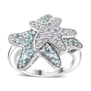 Madagascar Lagoon Apatite and Moissanite 1.00 ctw Star Fish Ring in Rhodium Over Sterling Silver (Size 6.0)