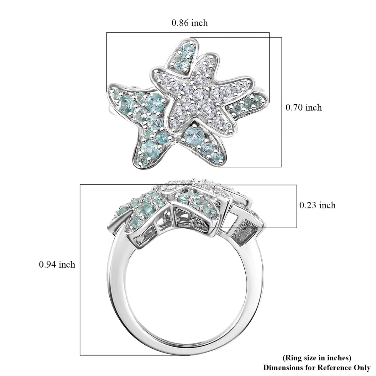 Madagascar Lagoon Apatite and Moissanite 1.00 ctw Star Fish Ring in Rhodium Over Sterling Silver (Size 6.0) image number 5