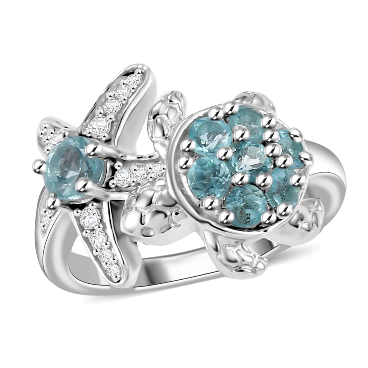 Lagoon Apatite, White Zircon Ring in Rhodium Over Sterling Silver (Size 10.0) 1.00 ctw image number 0