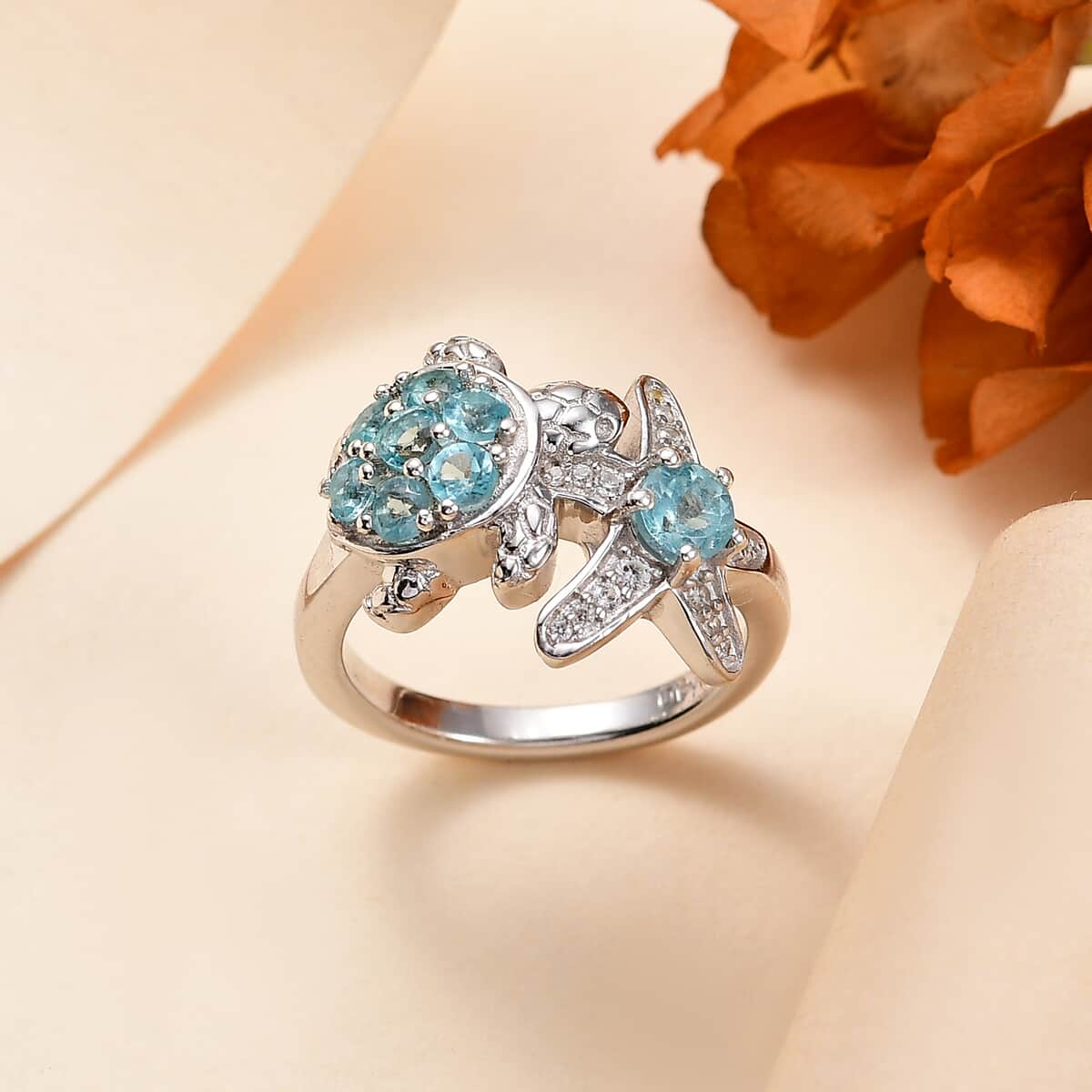 Lagoon Apatite, White Zircon Ring in Rhodium Over Sterling Silver (Size 10.0) 1.00 ctw image number 1