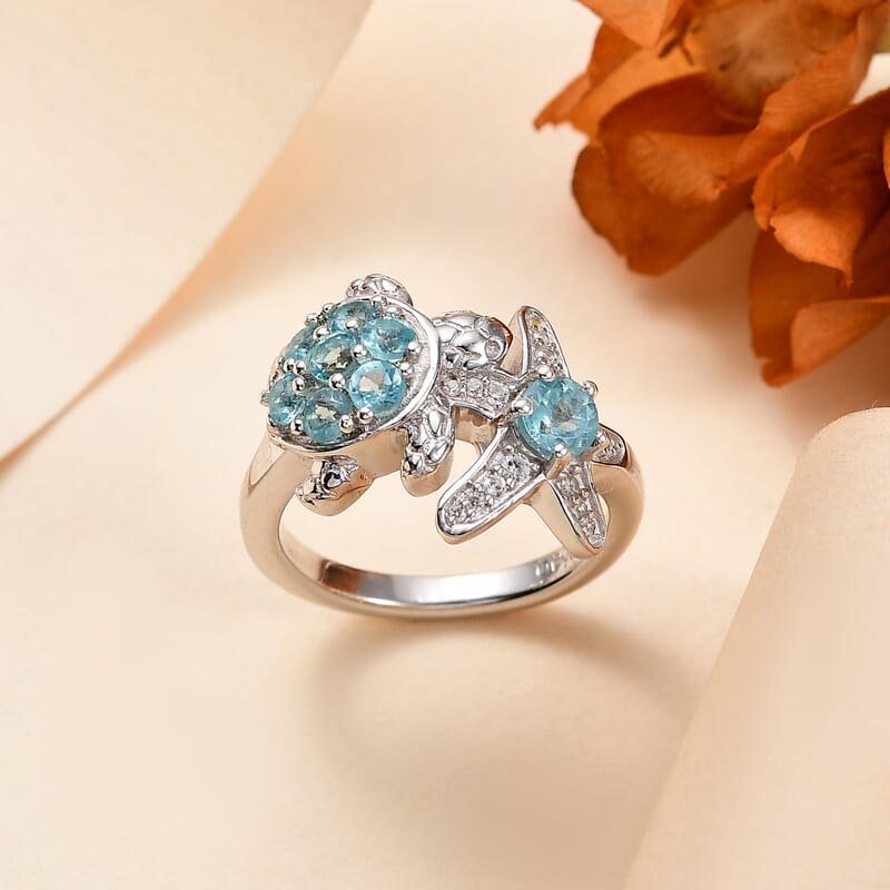 Madagascar Lagoon Apatite and White Zircon 1.00 ctw Turtle Starfish Ring in Rhodium Over Sterling Silver (Size 10.0)