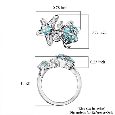 Madagascar Lagoon Apatite and White Zircon 1.00 ctw Turtle Starfish Ring in Rhodium Over Sterling Silver (Size 10.0)