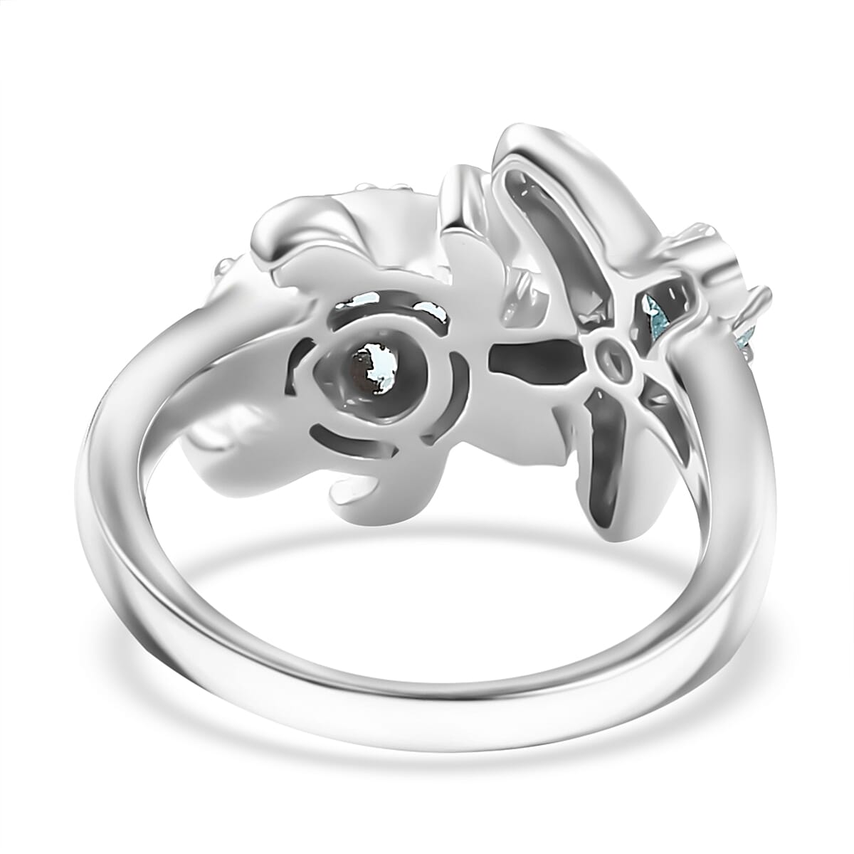Madagascar Lagoon Apatite and White Zircon 1.00 ctw Turtle Starfish Ring in Rhodium Over Sterling Silver (Size 5.0) image number 4