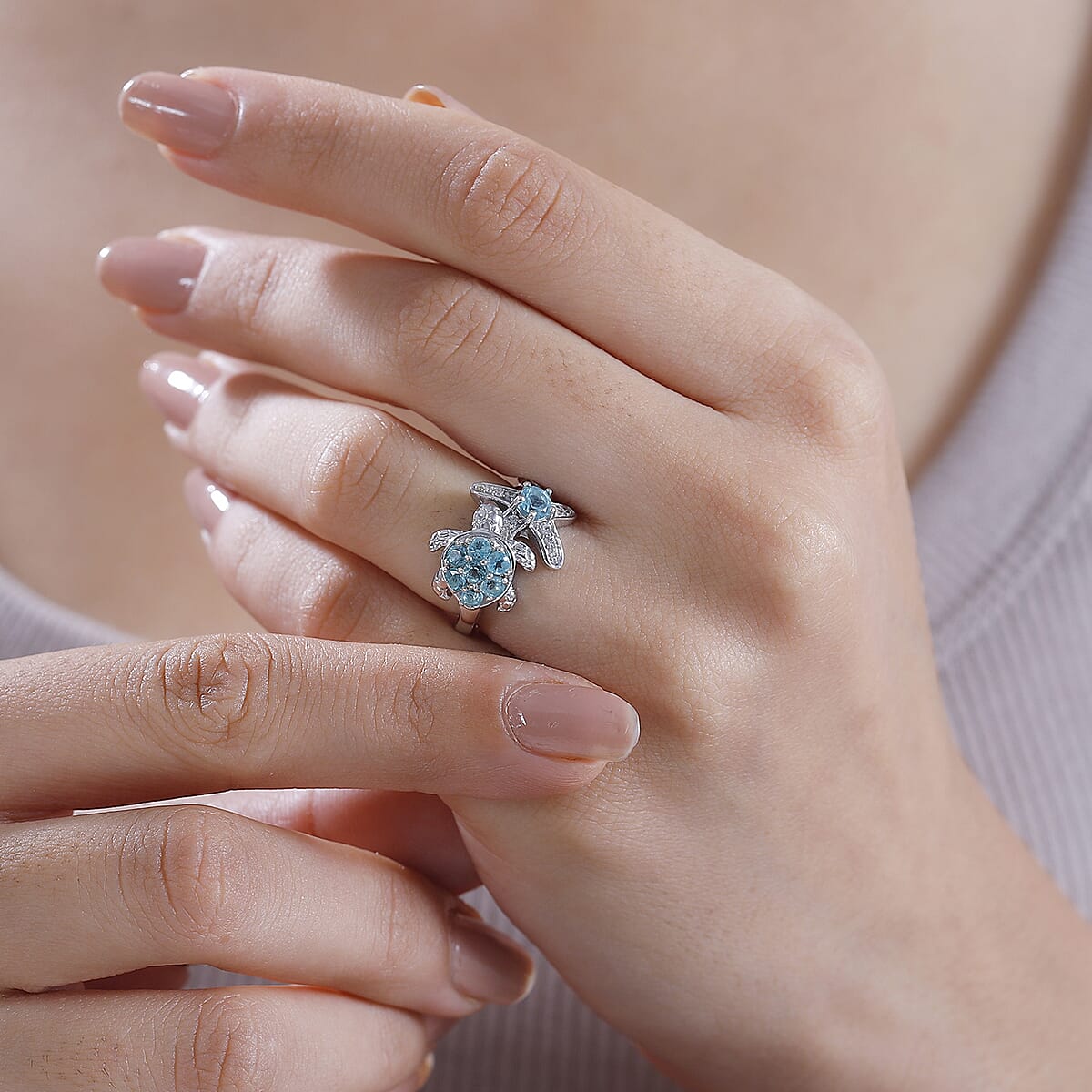 Madagascar Lagoon Apatite and White Zircon 1.00 ctw Turtle Starfish Ring in Rhodium Over Sterling Silver (Size 9.0) image number 2