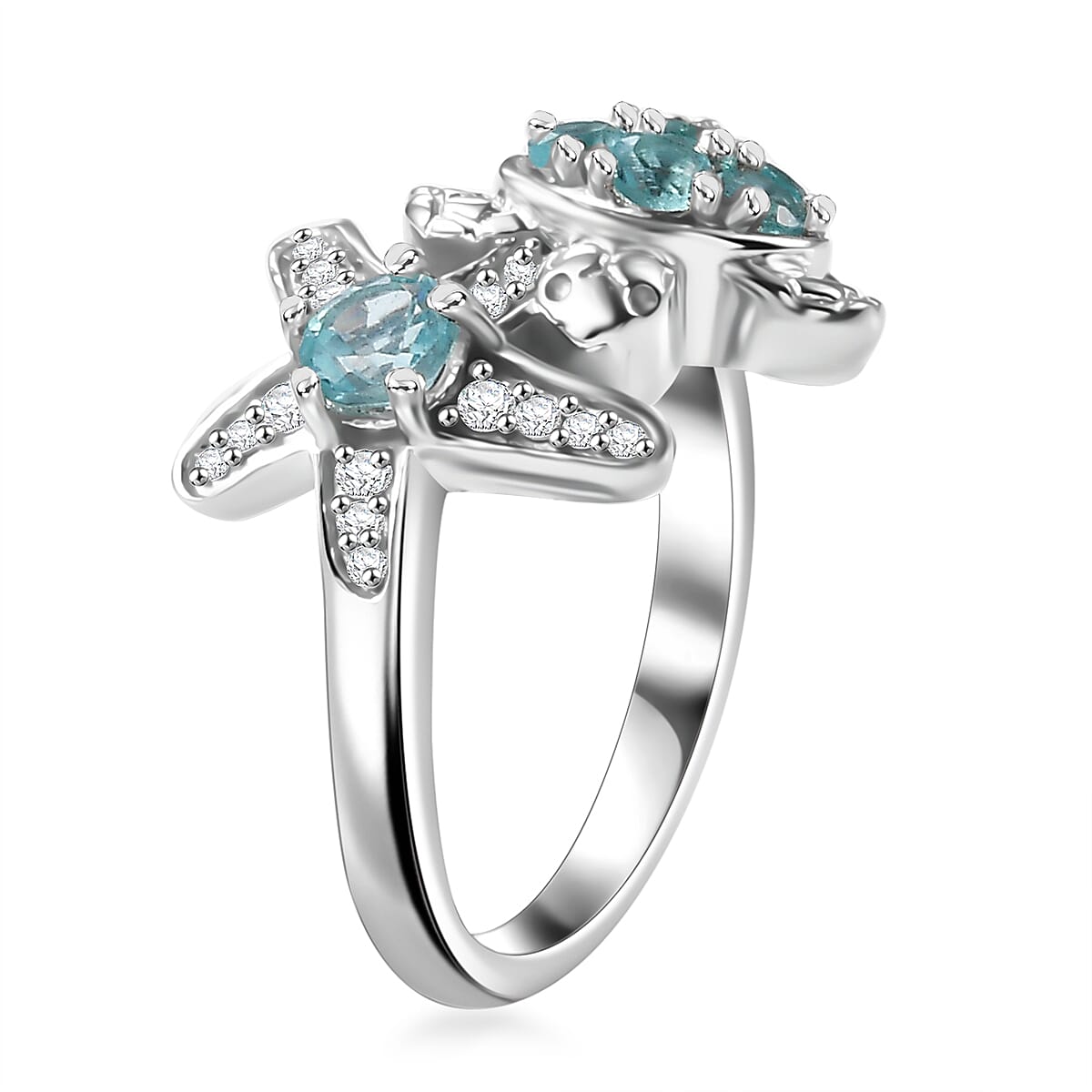 Madagascar Lagoon Apatite and White Zircon 1.00 ctw Turtle Starfish Ring in Rhodium Over Sterling Silver (Size 9.0) image number 3