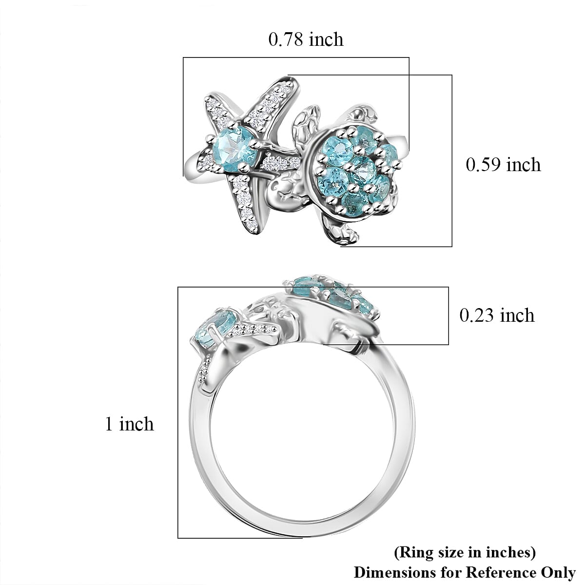 Madagascar Lagoon Apatite and White Zircon 1.00 ctw Turtle Starfish Ring in Rhodium Over Sterling Silver (Size 9.0) image number 5