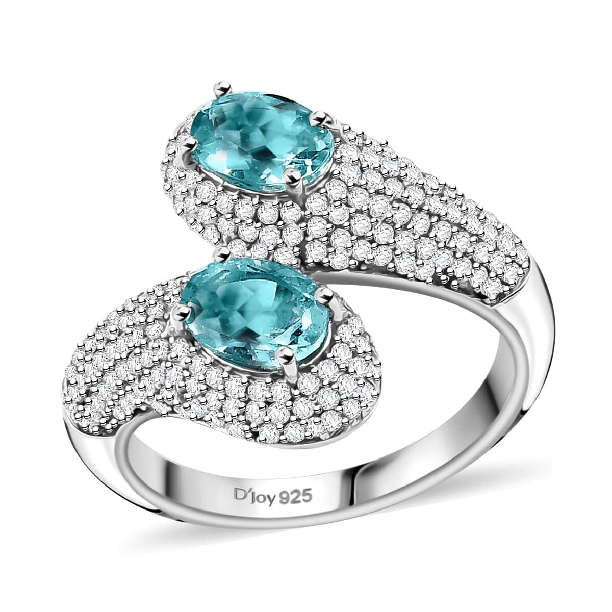 Lagoon Apatite, Moissanite Bypass Ring in Rhodium Over Sterling Silver (Size 8.0) 3.50 ctw image number 0