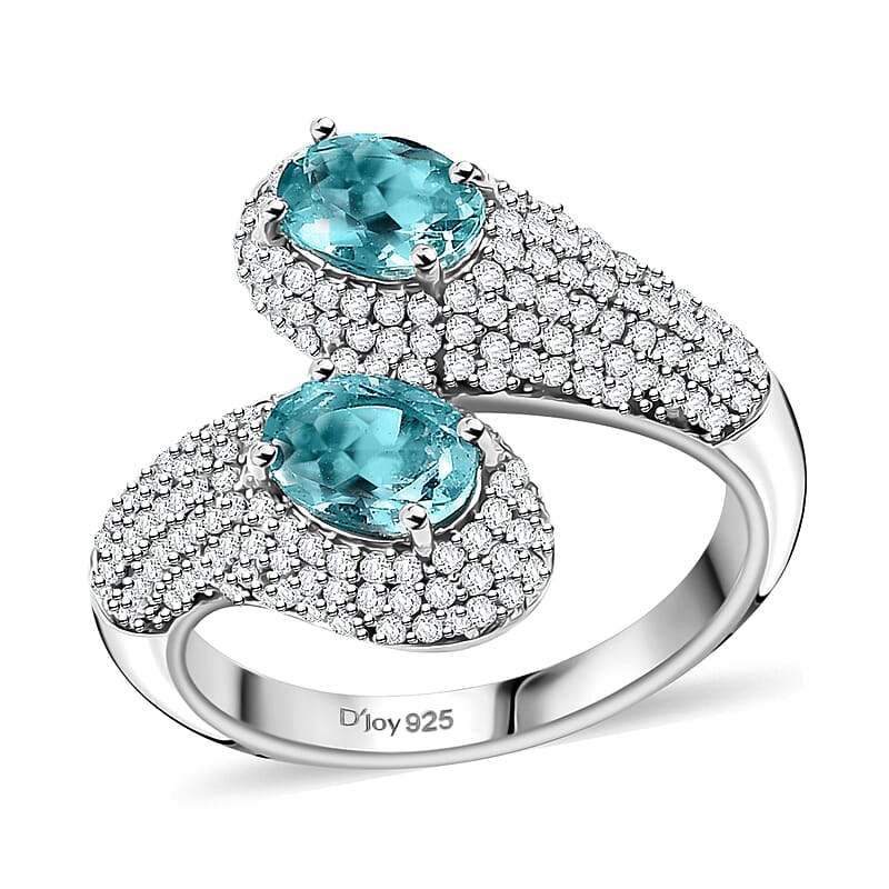 Madagascar Lagoon Apatite and Moissanite 3.50 ctw Glow of The Ocean Ring in Rhodium Over Sterling Silver (Size 10.0)