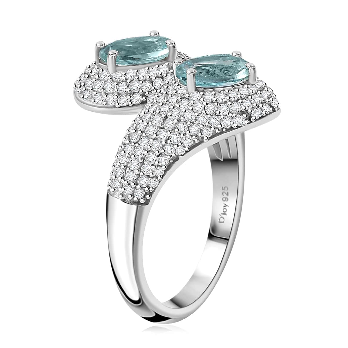 Lagoon Apatite, Moissanite Bypass Ring in Rhodium Over Sterling Silver (Size 8.0) 3.50 ctw image number 3