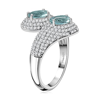Madagascar Lagoon Apatite and Moissanite 3.50 ctw Glow of The Ocean Ring in Rhodium Over Sterling Silver (Size 10.0)
