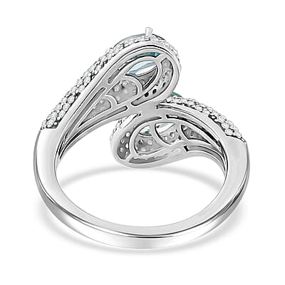 Madagascar Lagoon Apatite and Moissanite 3.50 ctw Glow of The Ocean Ring in Rhodium Over Sterling Silver (Size 10.0)