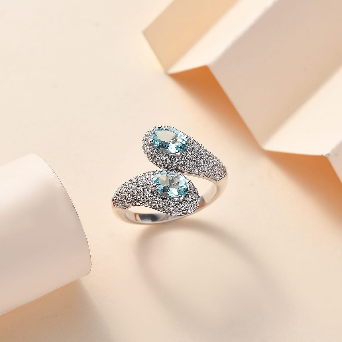 Madagascar Lagoon Apatite and Moissanite 3.50 ctw Glow of The Ocean Ring in Rhodium Over Sterling Silver (Size 9.0) image number 1