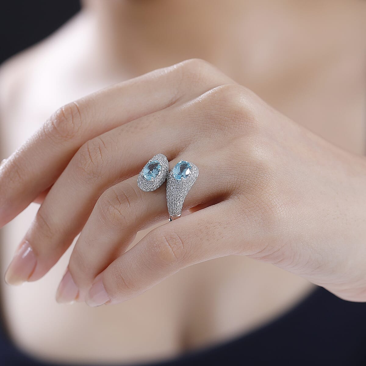 Madagascar Lagoon Apatite and Moissanite 3.50 ctw Glow of The Ocean Ring in Rhodium Over Sterling Silver (Size 9.0) image number 2