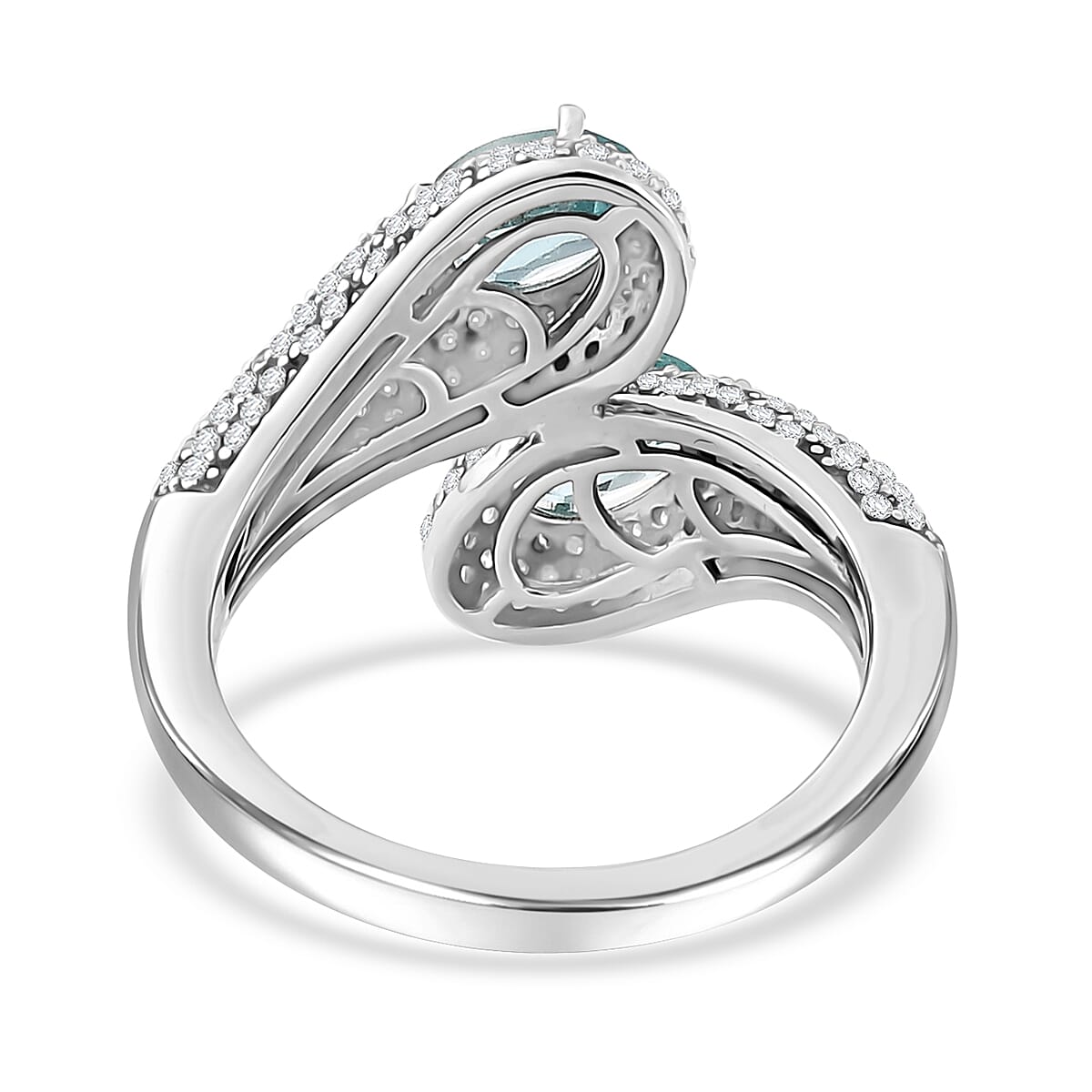 Madagascar Lagoon Apatite and Moissanite 3.50 ctw Glow of The Ocean Ring in Rhodium Over Sterling Silver (Size 9.0) image number 4
