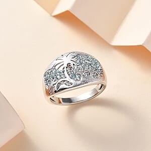 Madagascar Lagoon Apatite, Brown and White Zircon 0.85 ctw Oceanic Serenity Ring in Rhodium Over Sterling Silver (Size 10.0)