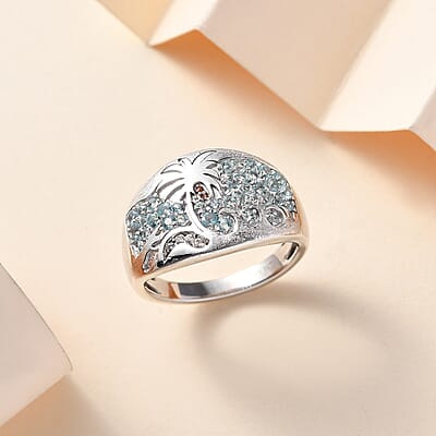 Madagascar Lagoon Apatite, Brown and White Zircon 0.85 ctw Oceanic Serenity Ring in Rhodium Over Sterling Silver (Size 10.0)