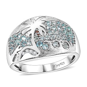 Madagascar Lagoon Apatite, Brown and White Zircon 0.85 ctw Oceanic Serenity Ring in Rhodium Over Sterling Silver (Size 9.0)