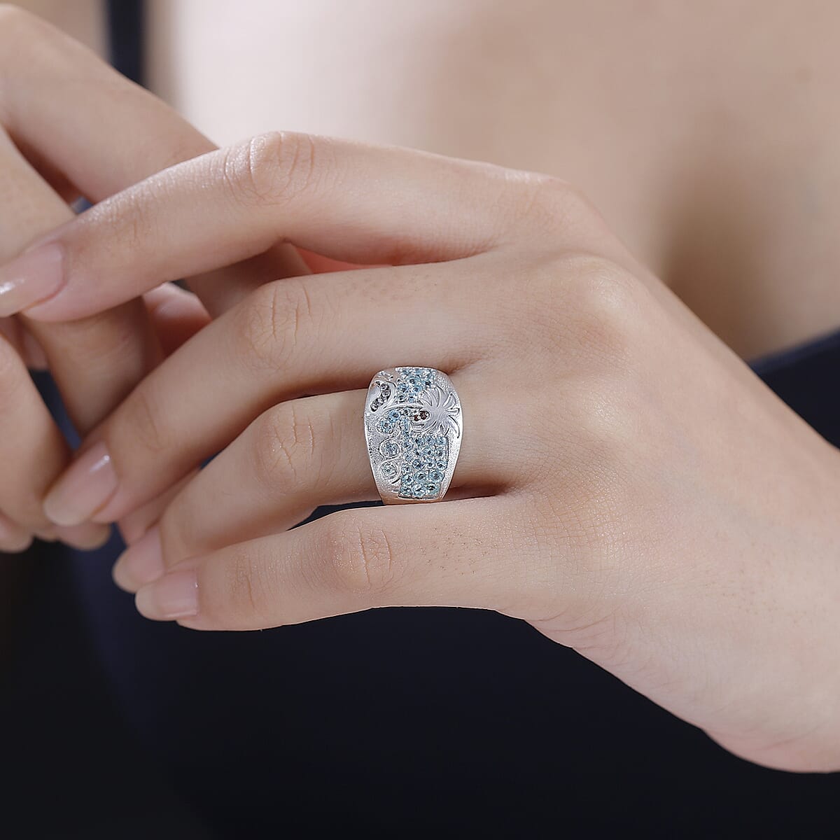 Madagascar Lagoon Apatite, Brown and White Zircon 0.85 ctw Oceanic Serenity Ring in Rhodium Over Sterling Silver (Size 9.0) image number 2
