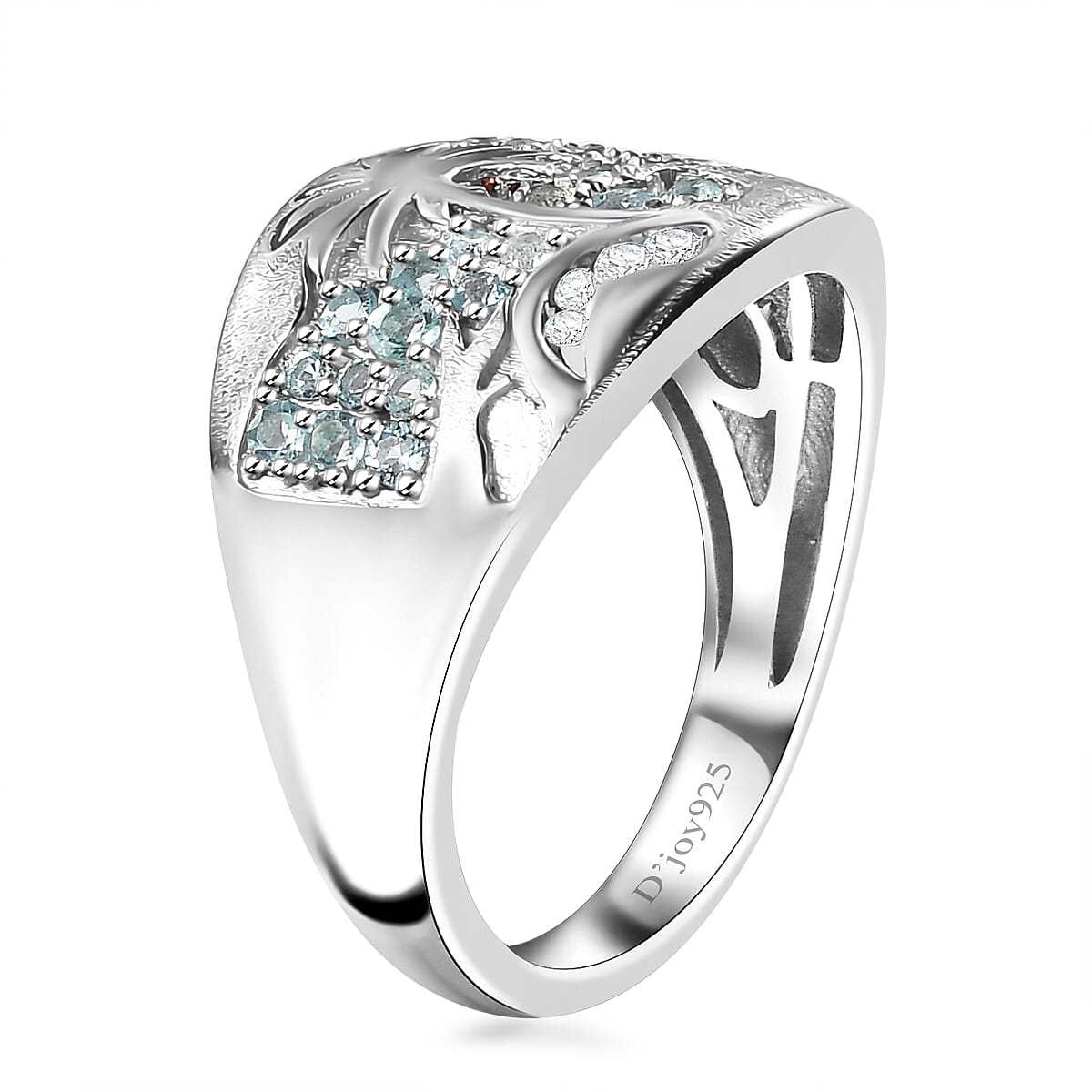 Madagascar Lagoon Apatite, Brown and White Zircon 0.85 ctw Oceanic Serenity Ring in Rhodium Over Sterling Silver (Size 9.0) image number 3