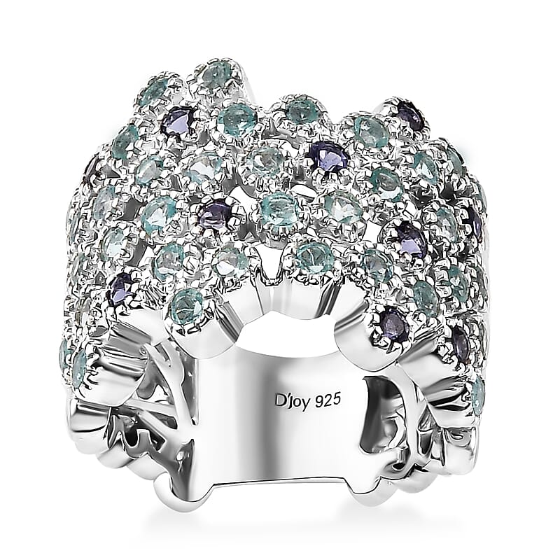 Madagascar Lagoon Apatite and Catalina Iolite 1.90 ctw Ocean Bubbles Ring in Rhodium Over Sterling Silver (Size 10.0)