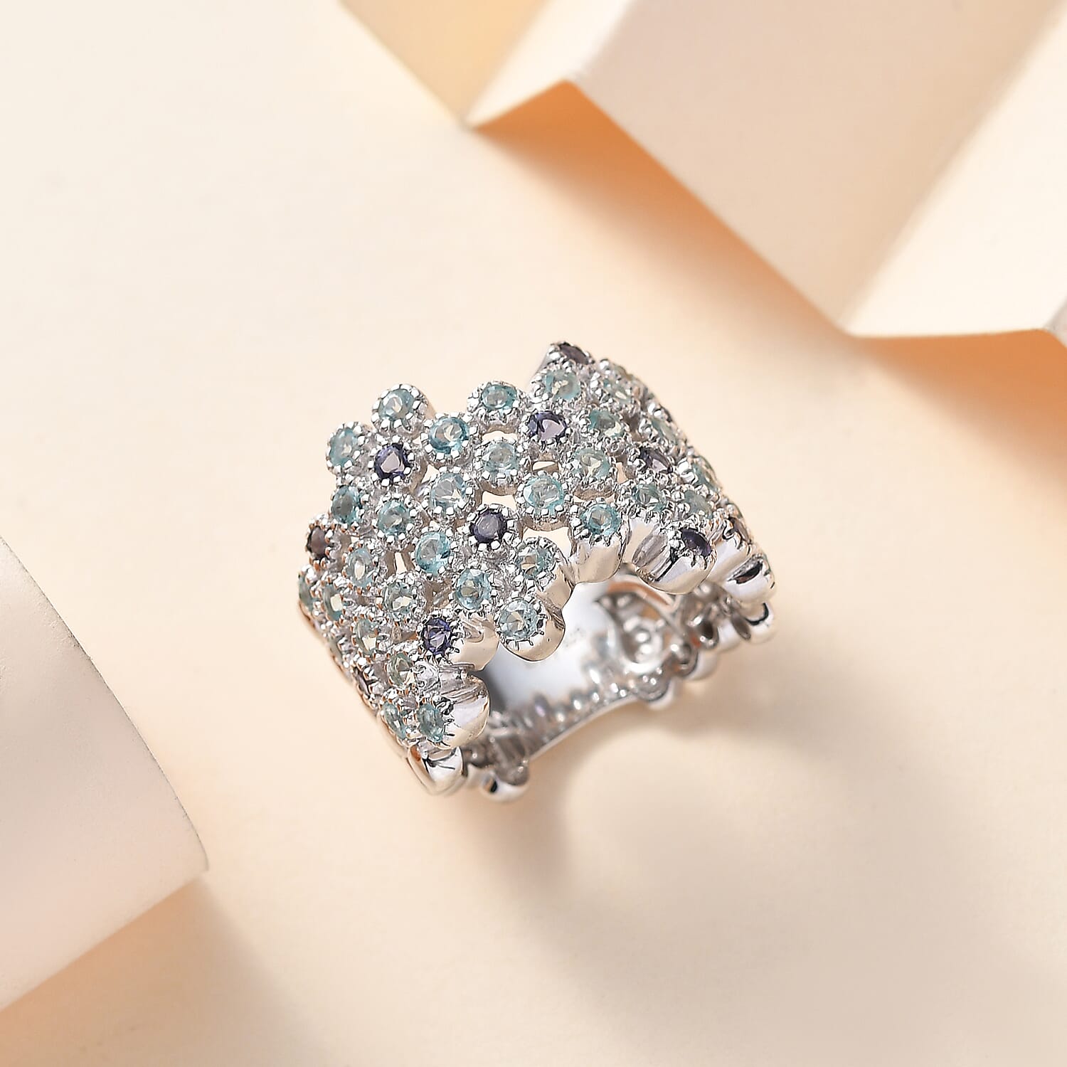 Madagascar Lagoon Apatite and Catalina Iolite 1.90 ctw Ocean Bubbles Ring in Rhodium Over Sterling Silver (Size 10.0)