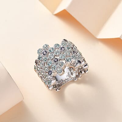 Madagascar Lagoon Apatite and Catalina Iolite 1.90 ctw Ocean Bubbles Ring in Rhodium Over Sterling Silver (Size 10.0)
