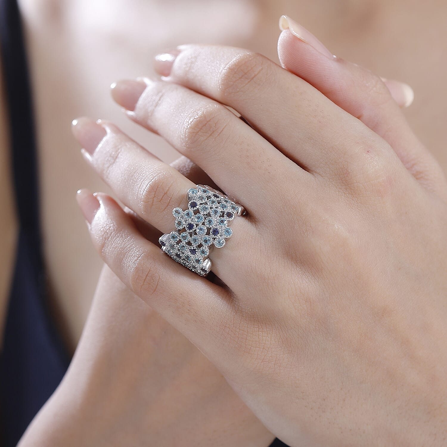 Madagascar Lagoon Apatite and Catalina Iolite 1.90 ctw Ocean Bubbles Ring in Rhodium Over Sterling Silver (Size 10.0)