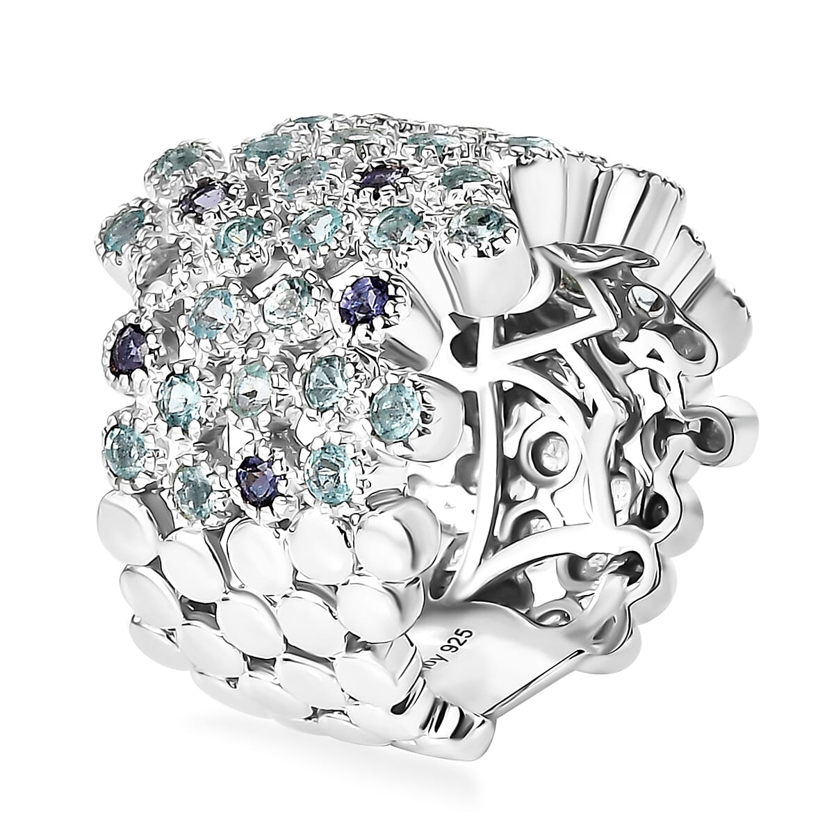 Madagascar Lagoon Apatite and Catalina Iolite 1.90 ctw Ocean Bubbles Ring in Rhodium Over Sterling Silver (Size 10.0)