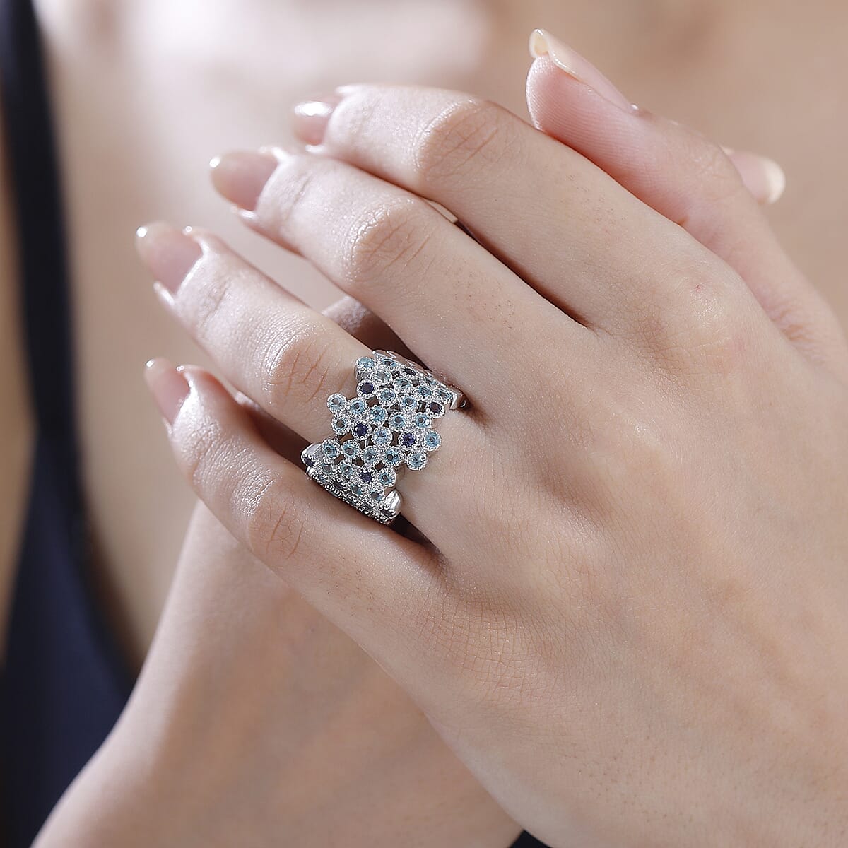 D'Joy Madagascar Lagoon Apatite and Catalina Iolite 1.90 ctw Ocean Bubbles Ring in Rhodium Over Sterling Silver (Size 6.0) image number 2