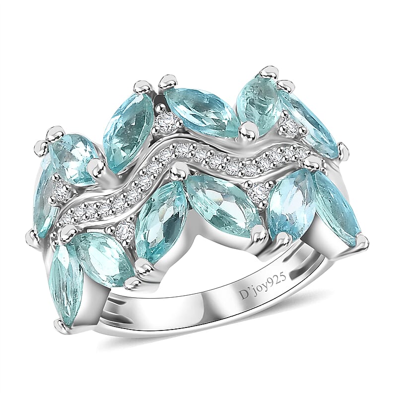 Madagascar Lagoon Apatite and Moissanite 3.25 ctw Waves Ring in Rhodium Over Sterling Silver (Size 10.0)