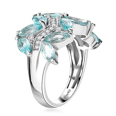 Madagascar Lagoon Apatite and Moissanite 3.25 ctw Waves Ring in Rhodium Over Sterling Silver (Size 10.0)