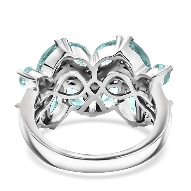 Madagascar Lagoon Apatite and Moissanite 3.25 ctw Waves Ring in Rhodium Over Sterling Silver (Size 10.0)