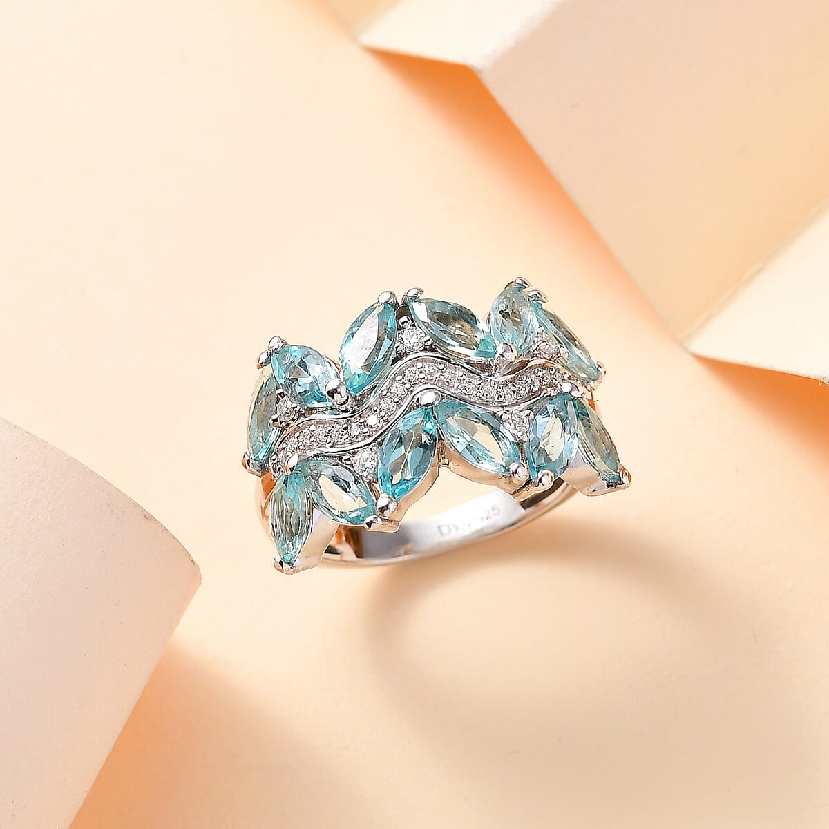 Madagascar Lagoon Apatite and Moissanite 3.25 ctw Waves Ring in Rhodium Over Sterling Silver (Size 7.0) image number 1