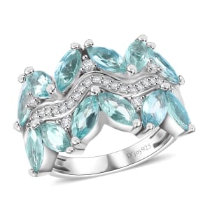 Madagascar Lagoon Apatite and Moissanite 3.25 ctw Waves Ring in Rhodium Over Sterling Silver (Size 8.0)