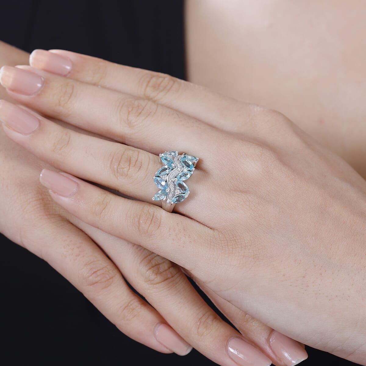 Madagascar Lagoon Apatite and Moissanite 3.25 ctw Waves Ring in Rhodium Over Sterling Silver (Size 8.0) image number 2