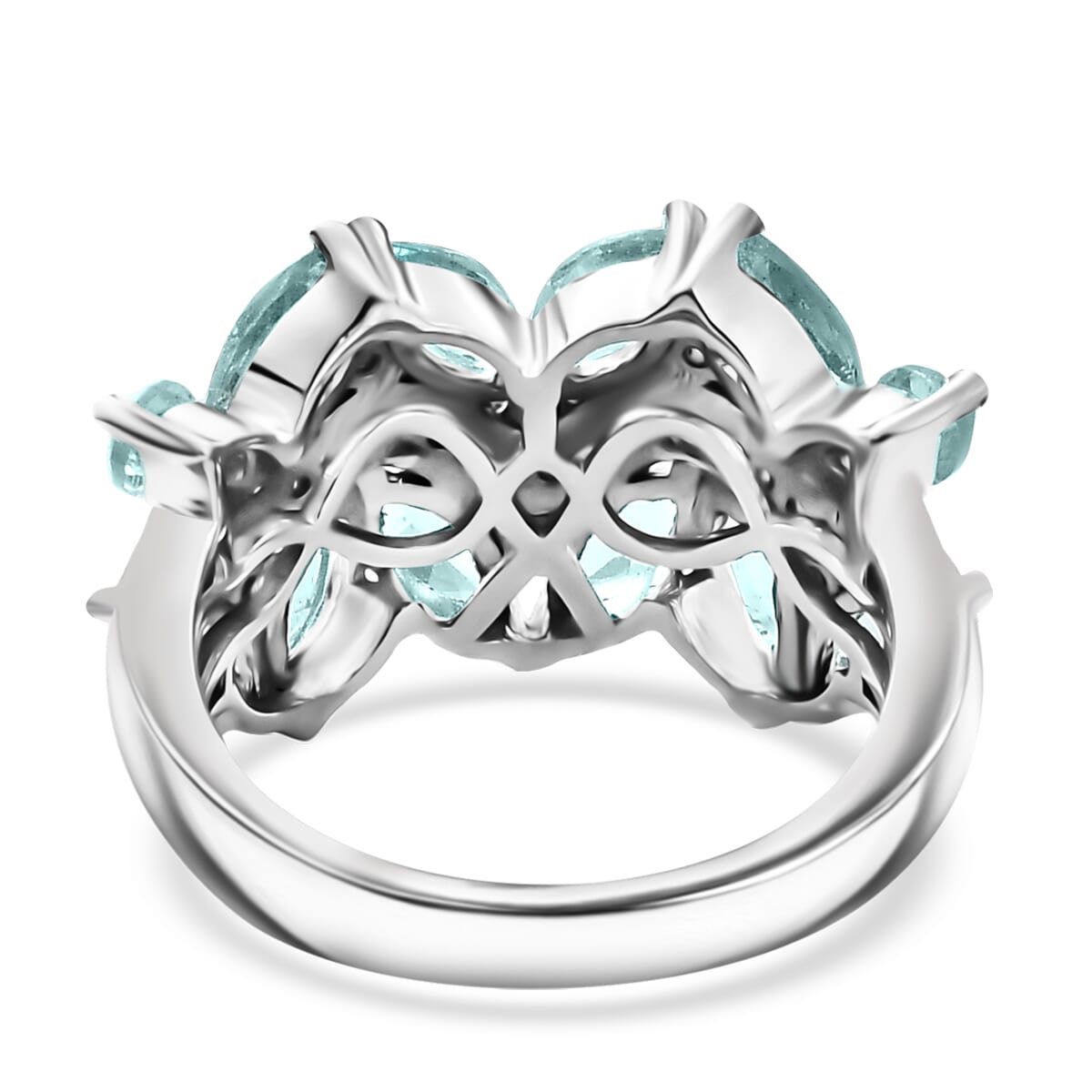 Madagascar Lagoon Apatite and Moissanite 3.25 ctw Waves Ring in Rhodium Over Sterling Silver (Size 8.0) image number 4