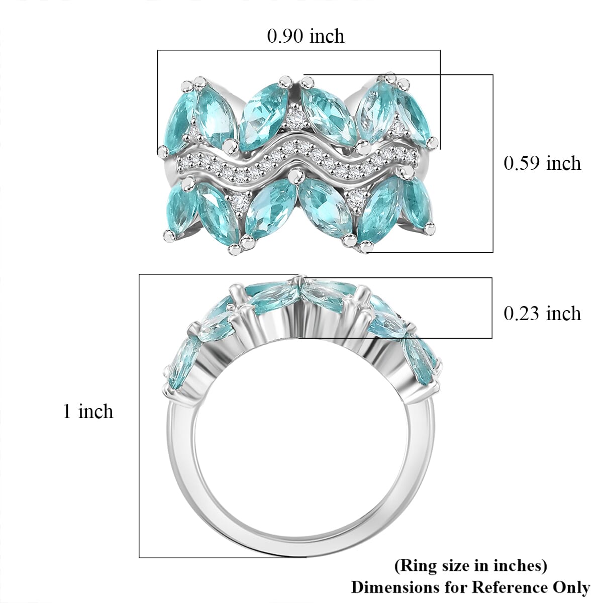 Madagascar Lagoon Apatite and Moissanite 3.25 ctw Waves Ring in Rhodium Over Sterling Silver (Size 8.0) image number 5