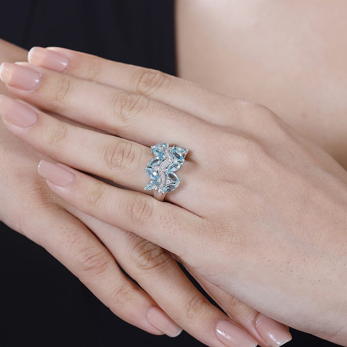 Madagascar Lagoon Apatite and Moissanite 3.25 ctw Waves Ring in Rhodium Over Sterling Silver (Size 9.0) image number 2