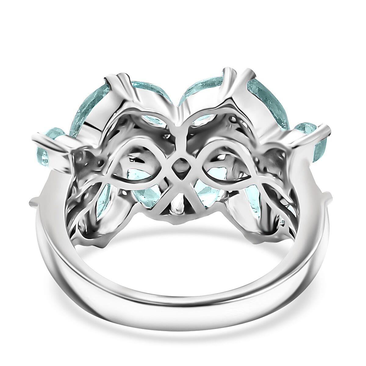 Madagascar Lagoon Apatite and Moissanite 3.25 ctw Waves Ring in Rhodium Over Sterling Silver (Size 9.0) image number 4