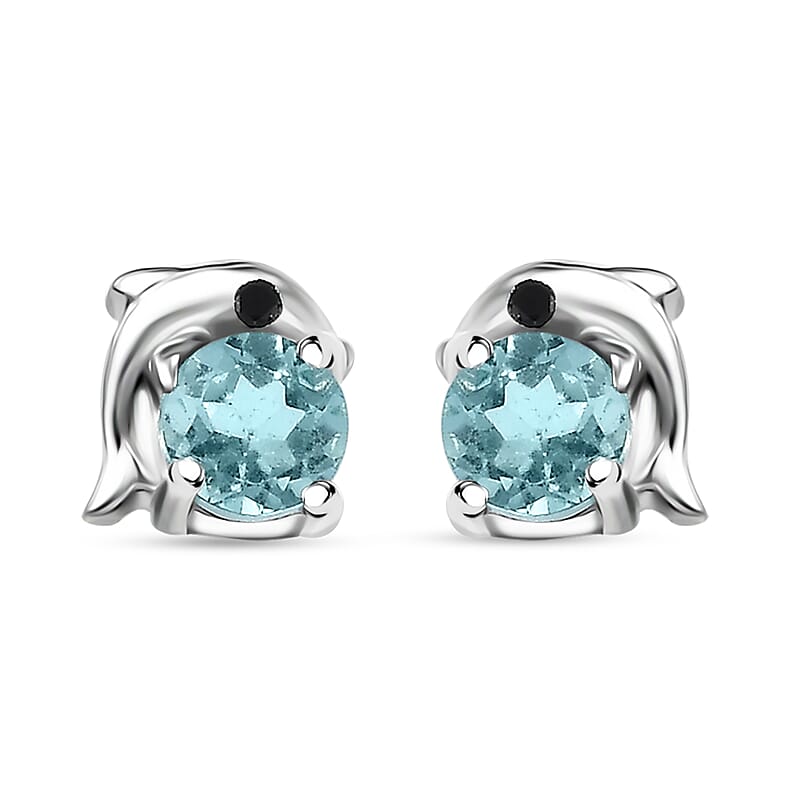 D'Joy Madagascar Lagoon Apatite and Thai Black Spinel 0.60 ctw Dolphin Earrings in Rhodium Over Sterling Silver