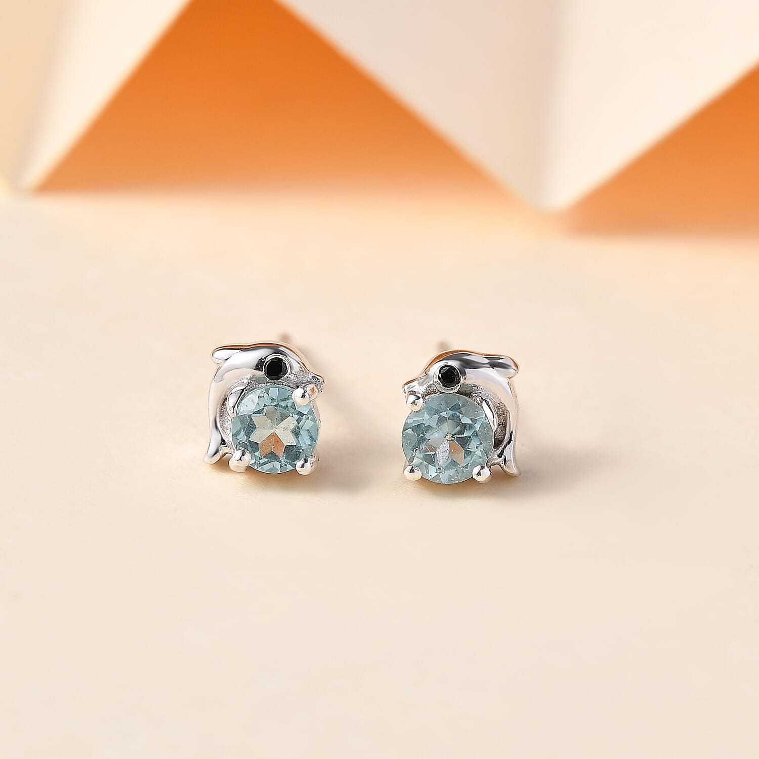 D'Joy Madagascar Lagoon Apatite and Thai Black Spinel 0.60 ctw Dolphin Earrings in Rhodium Over Sterling Silver