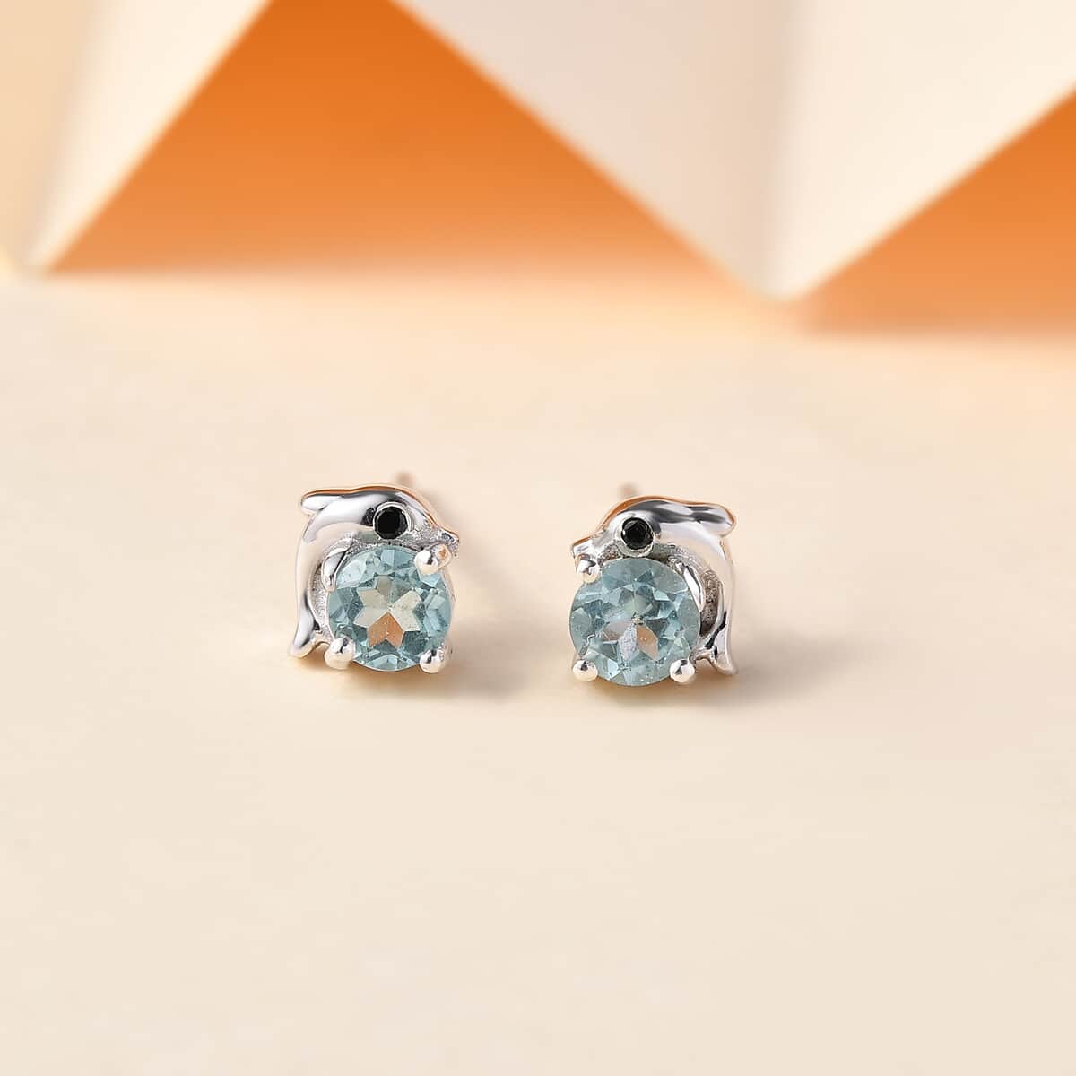 Madagascar Lagoon Apatite and Thai Black Spinel 0.60 ctw Dolphin Earrings in Rhodium Over Sterling Silver image number 1