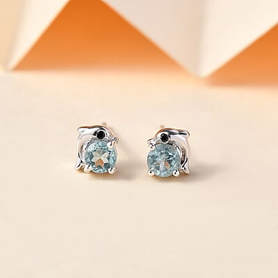 D'Joy Madagascar Lagoon Apatite and Thai Black Spinel 0.60 ctw Dolphin Earrings in Rhodium Over Sterling Silver