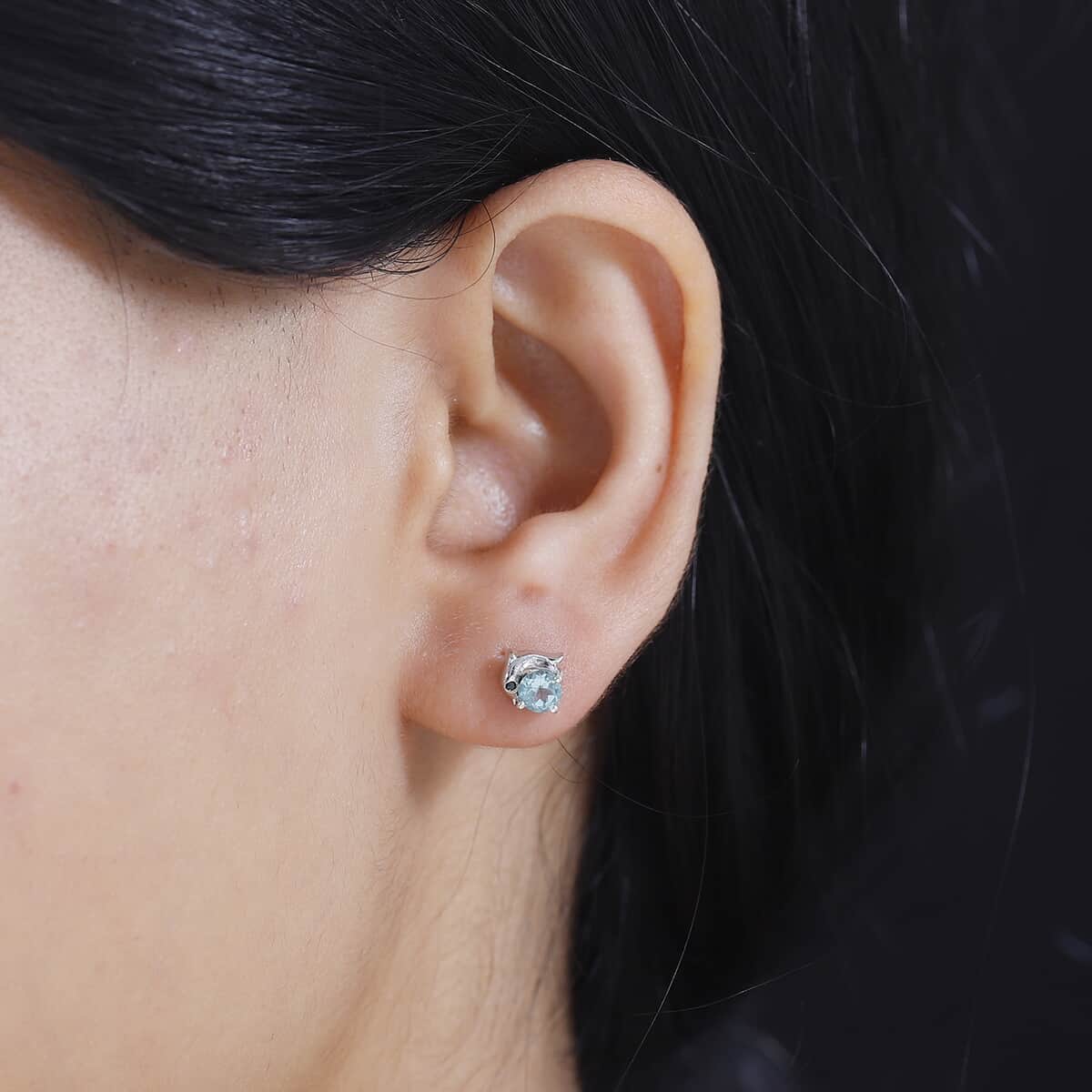 Madagascar Lagoon Apatite and Thai Black Spinel 0.60 ctw Dolphin Earrings in Rhodium Over Sterling Silver image number 2