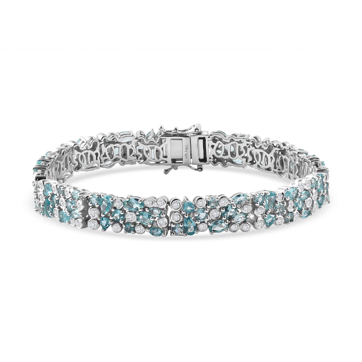 Madagascar Lagoon Apatite and Moissanite 12.85 ctw Ocean Bubble Bracelet in Rhodium Over Sterling Silver (6.50 In) image number 0