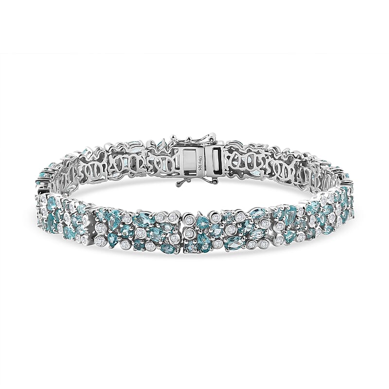 D'Joy Madagascar Lagoon Apatite and Moissanite 12.85 ctw Ocean Bubble Bracelet in Rhodium Over Sterling Silver (6.50 In)